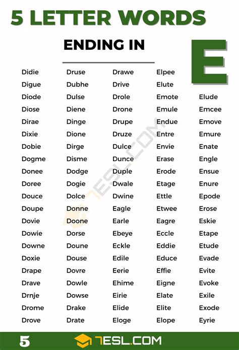 transc end. . 5 letter words that end in e